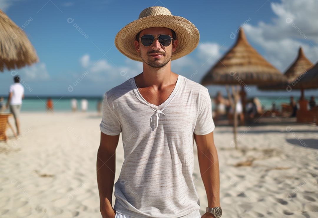 Jovem turista na praia de chapéu