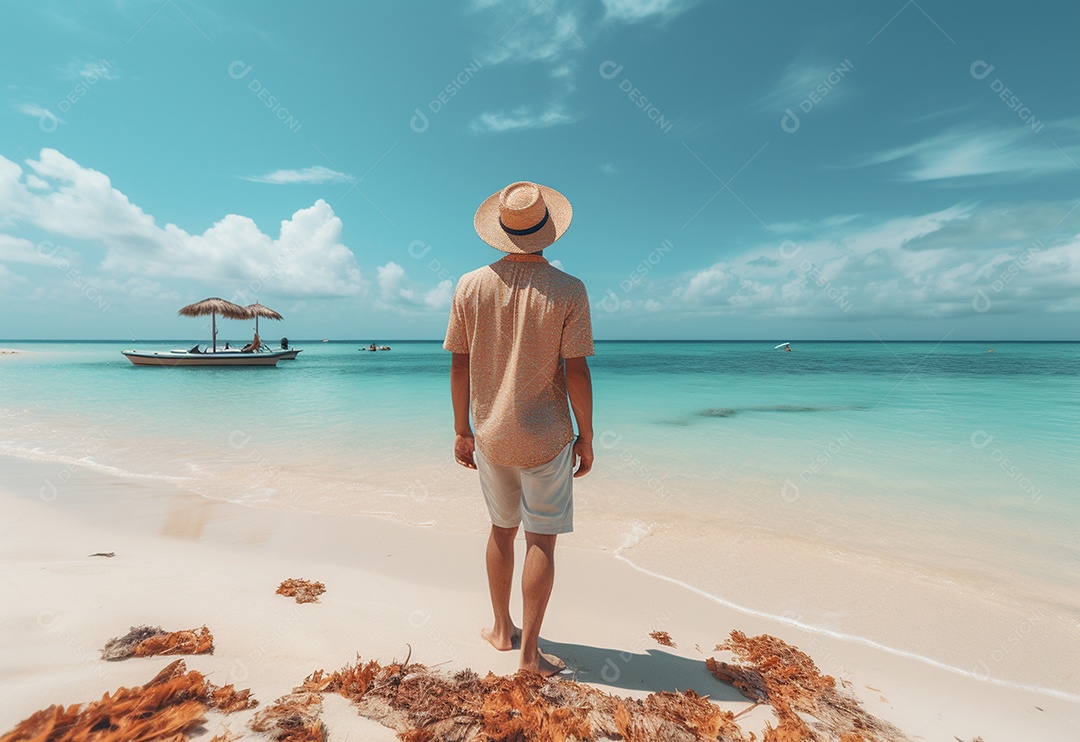 Jovem turista na praia de chapéu