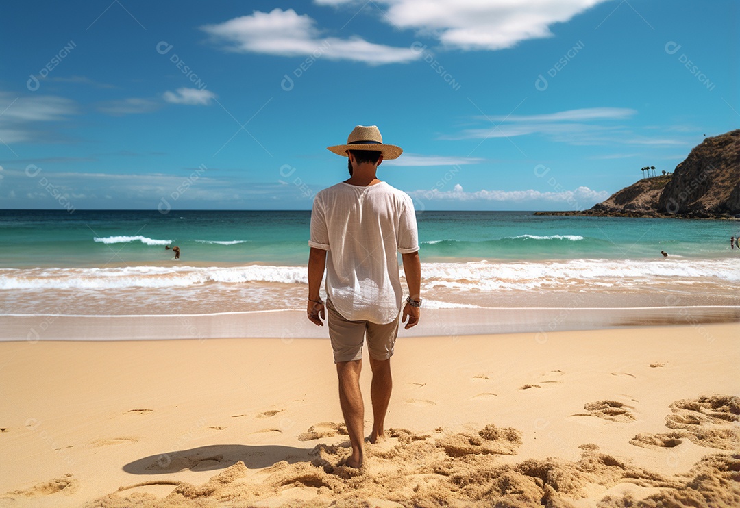 Jovem turista na praia de chapéu