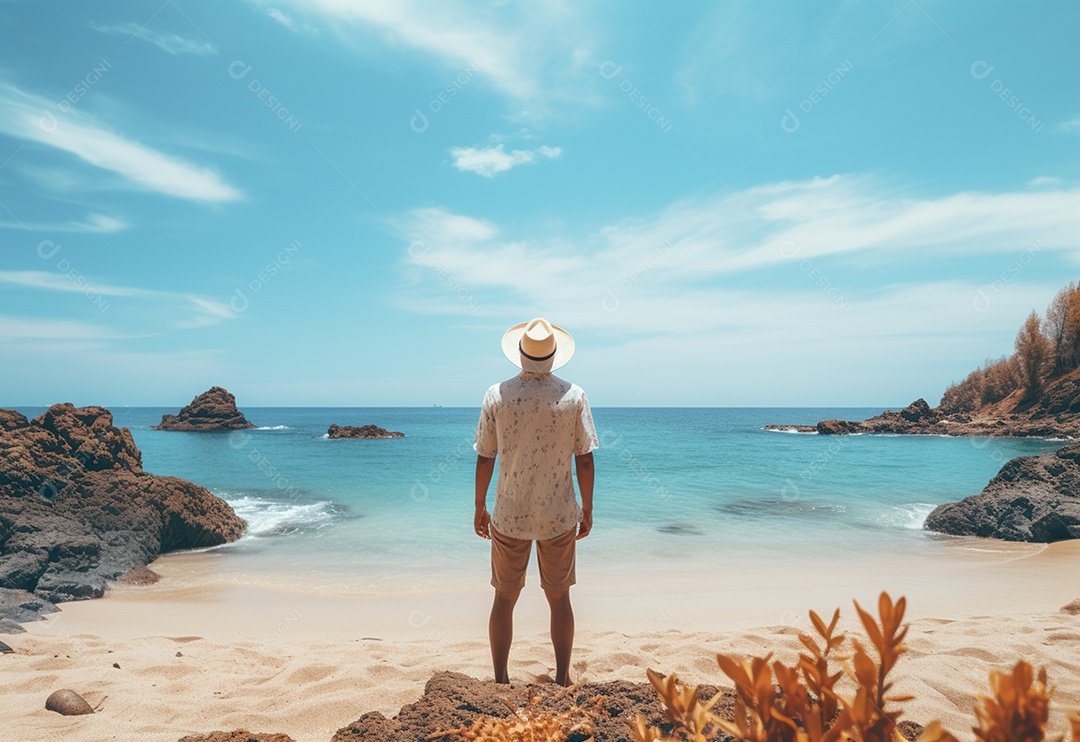 Jovem turista na praia de chapéu