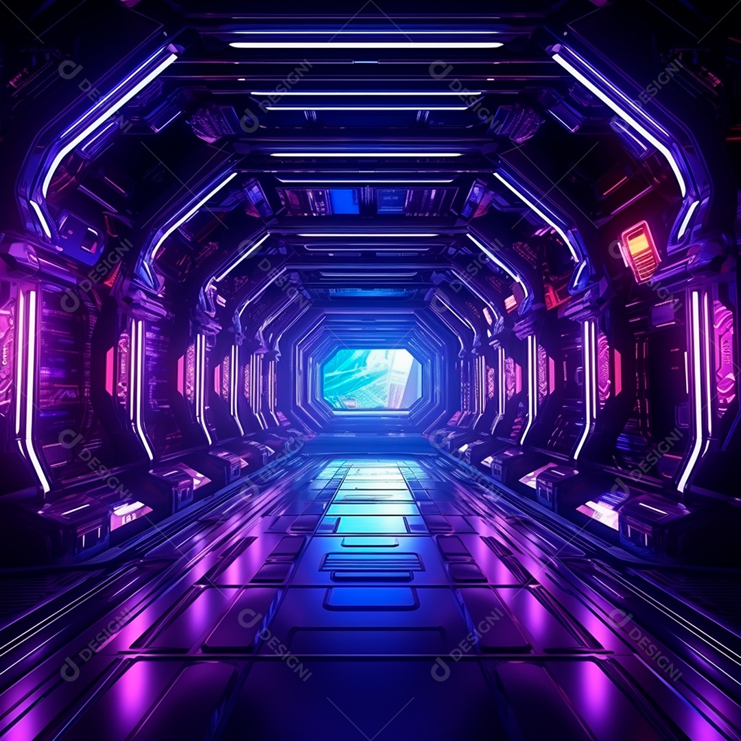 Fundo futurista com um grande túnel de néon, no estilo do motor irreal