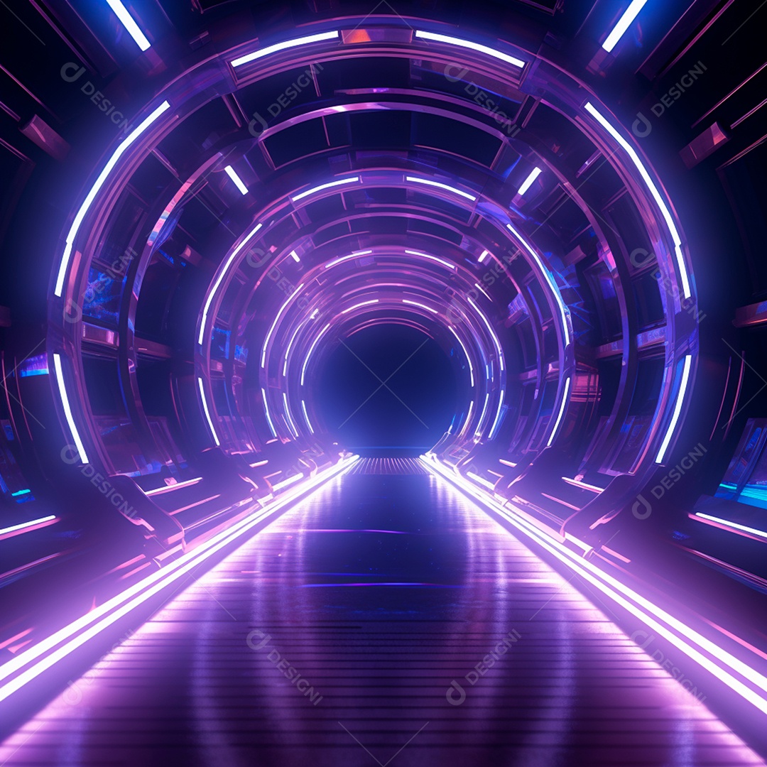 Fundo futurista com um grande túnel de néon, no estilo do motor irreal