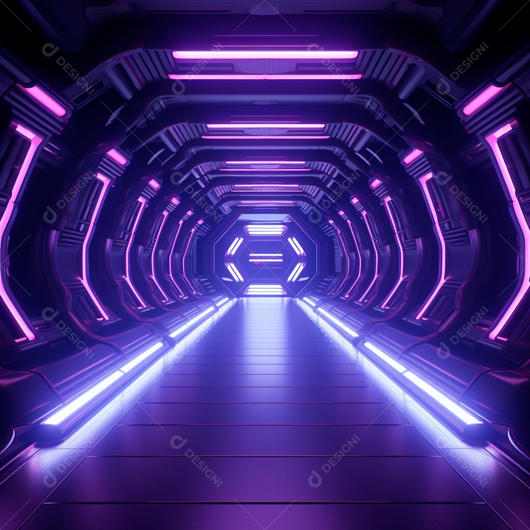 Fundo futurista com um grande túnel de néon, no estilo do motor irreal
