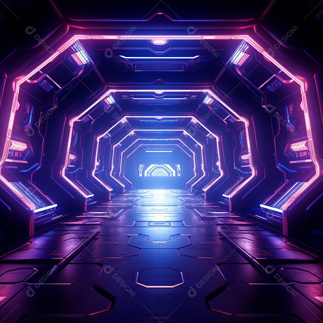 Fundo futurista com um grande túnel de néon, no estilo do motor irreal