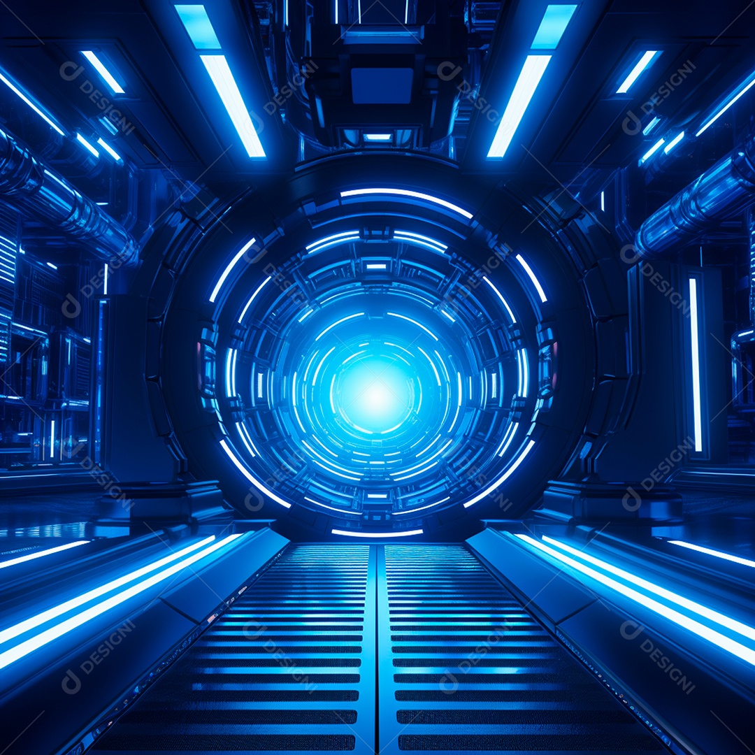 Fundo futurista com um grande túnel de néon, no estilo do motor irreal