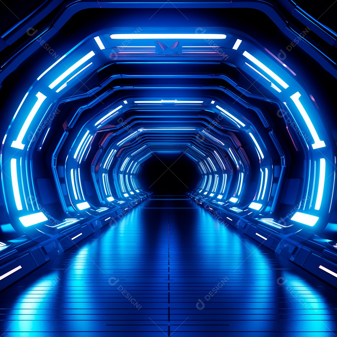 Fundo futurista com um grande túnel de néon, no estilo do motor irreal