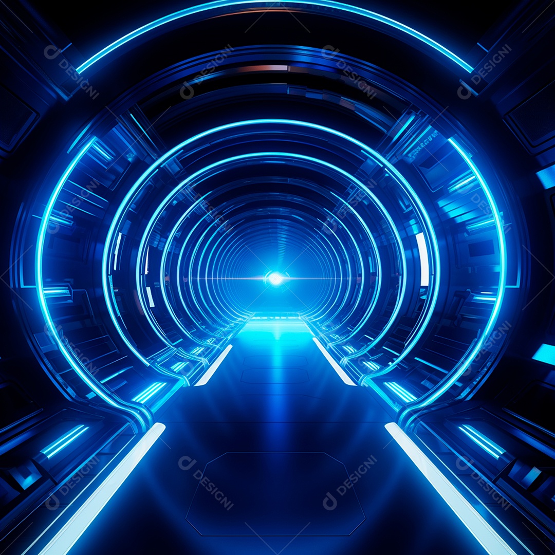 Fundo futurista com um grande túnel de néon, no estilo do motor irreal