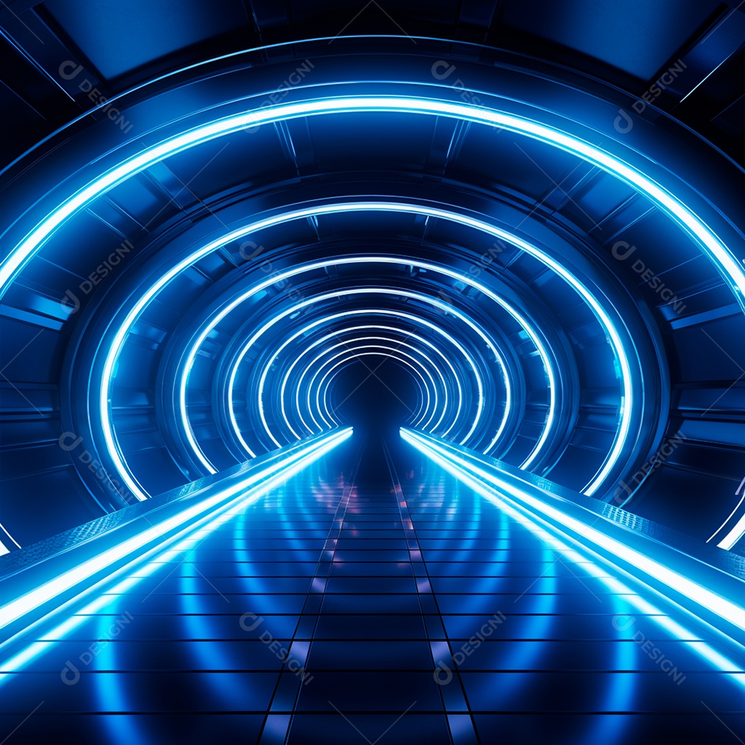 Fundo futurista com um grande túnel de néon, no estilo do motor irreal