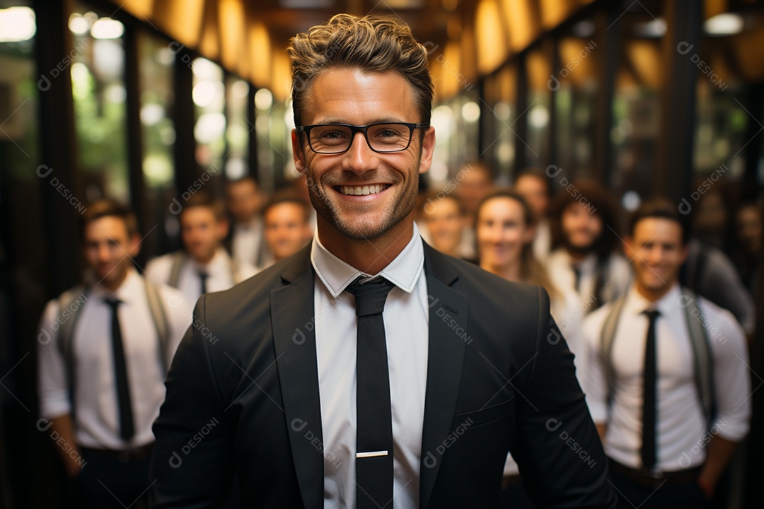 Retrato de uma equipe de negócios rindo em pé no escritório