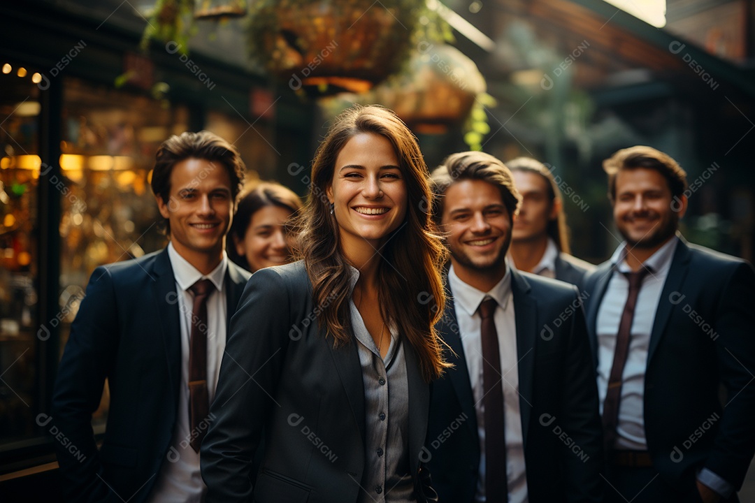 Retrato de uma equipe de negócios rindo em pé no escritório