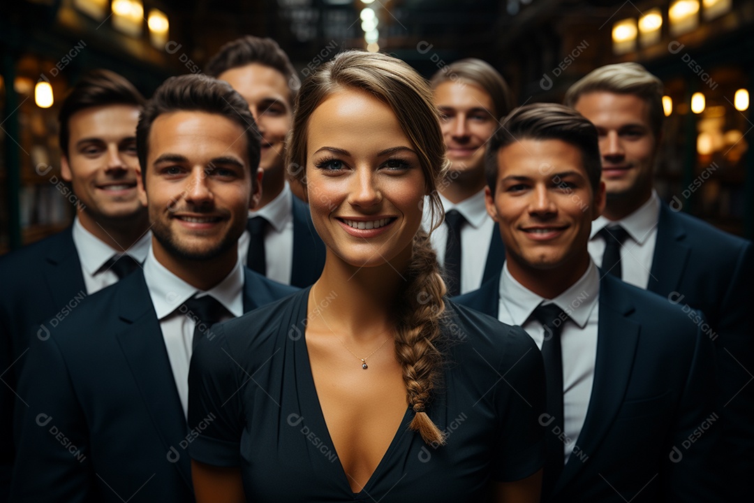 Retrato de uma equipe de negócios rindo em pé no escritório