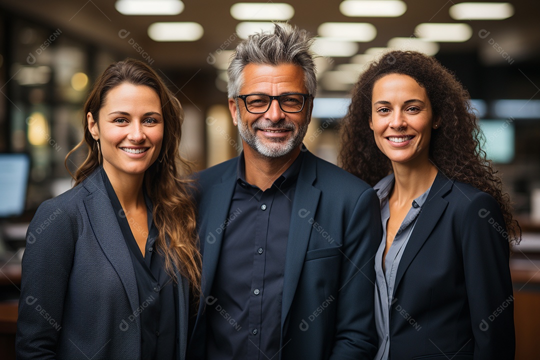 Retrato de uma equipe de negócios rindo em pé no escritório