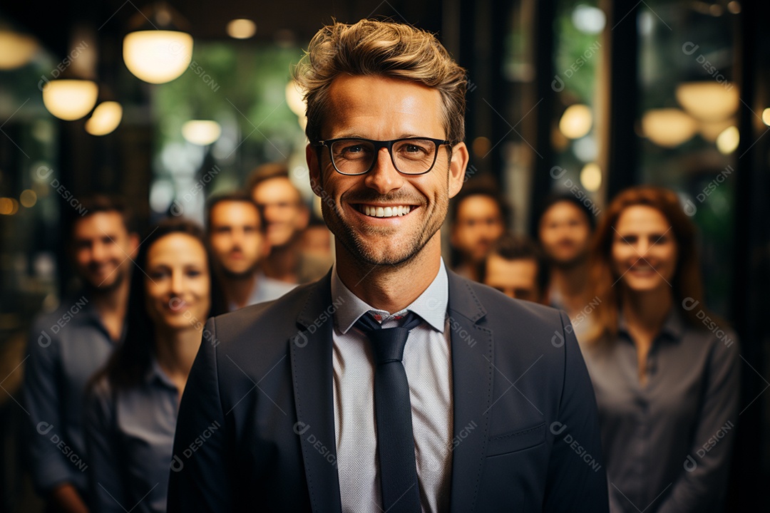 Retrato de uma equipe de negócios rindo em pé no escritório