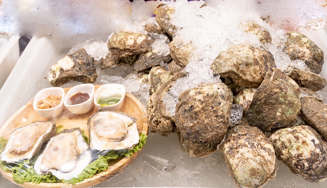 Deliciosas ostras frescas estão à venda na barraca.