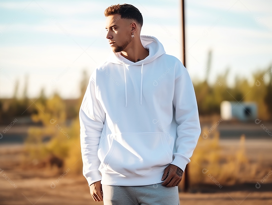 Homem caucasiano atraente usando maquete de capuz branco vazio em branco para modelo de design