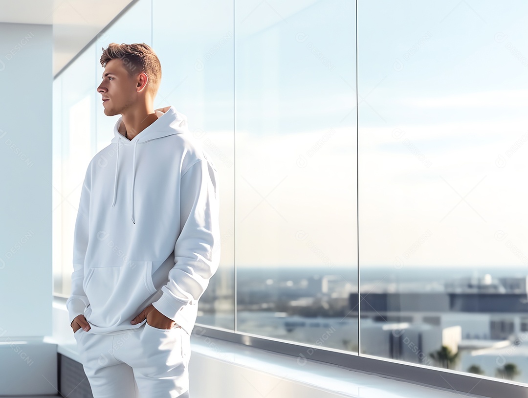 Homem caucasiano atraente usando maquete de capuz branco vazio em branco para modelo de design