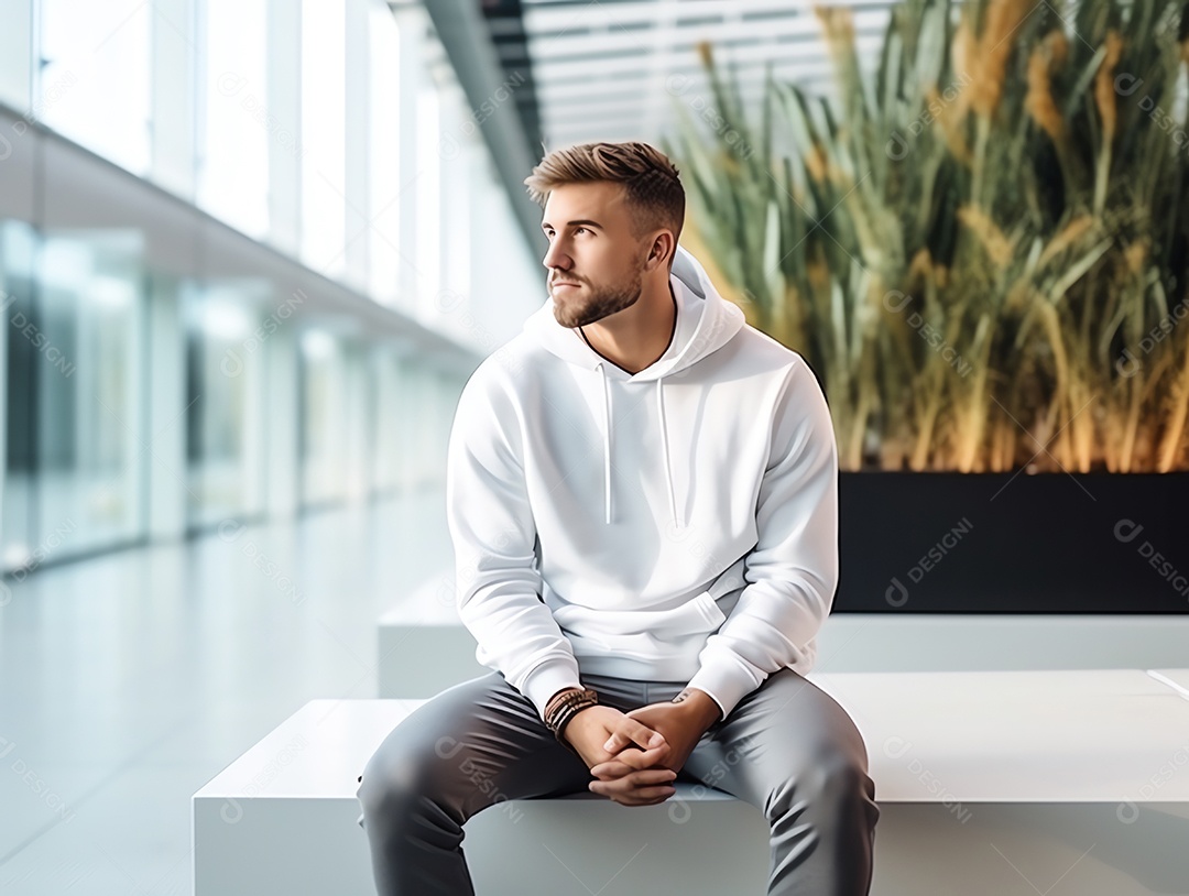 Homem caucasiano atraente usando maquete de capuz branco vazio em branco para modelo de design