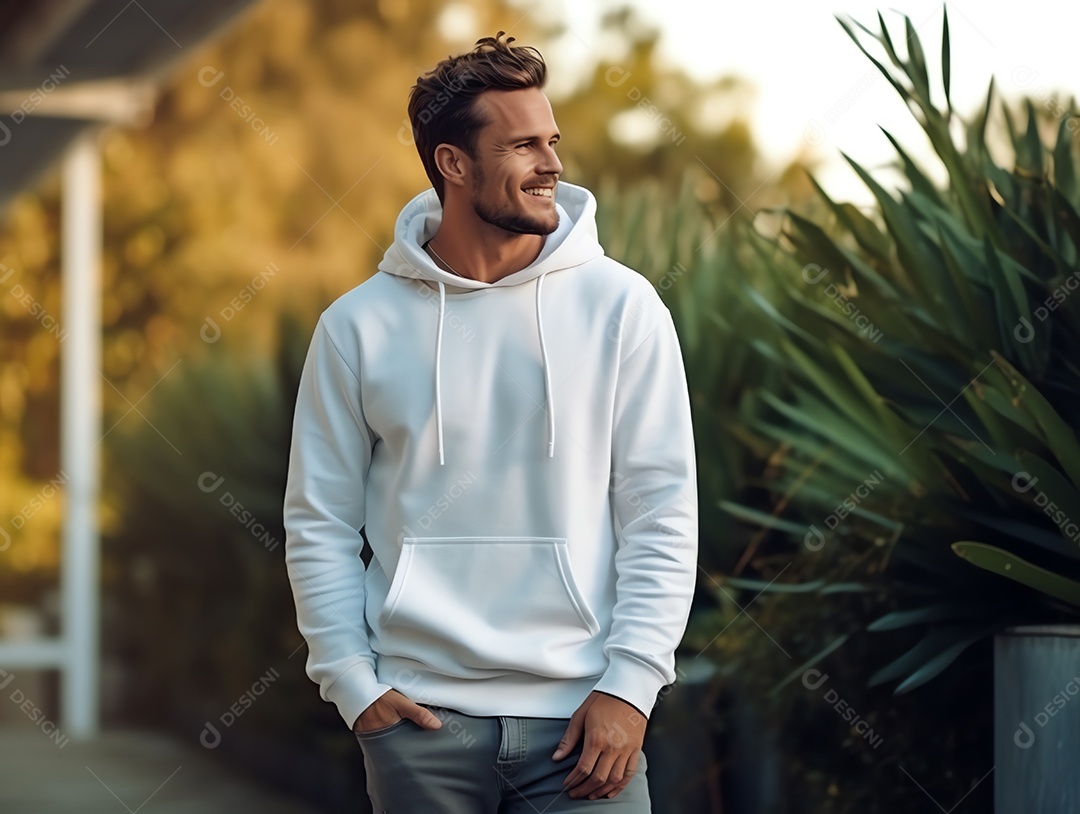 Homem caucasiano atraente usando maquete de capuz branco vazio em branco para modelo de design