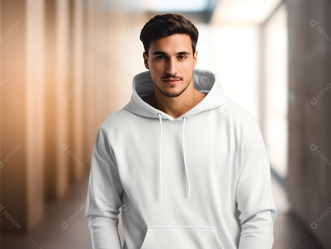 Homem caucasiano atraente usando maquete de capuz branco vazio em branco para modelo de design