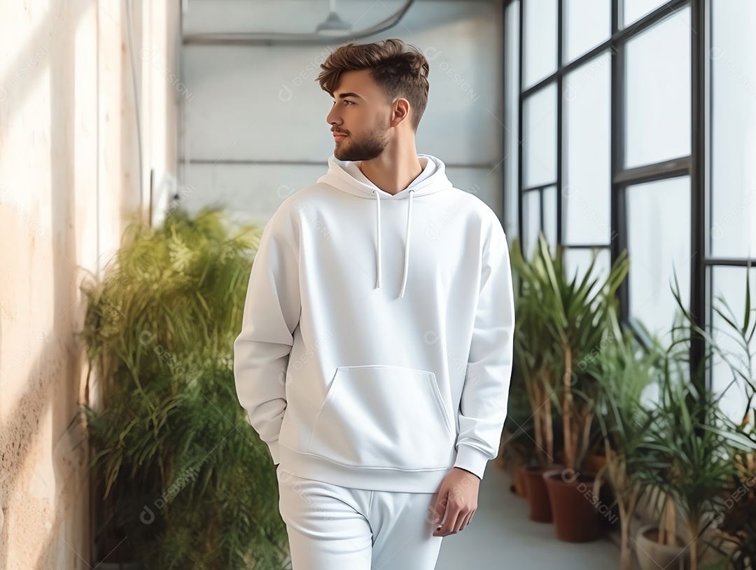 Homem caucasiano atraente usando maquete de capuz branco vazio em branco para modelo de design