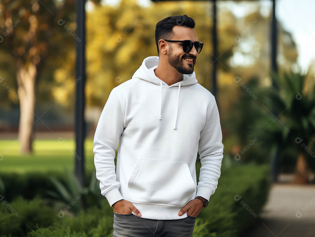 Homem caucasiano atraente usando maquete de capuz branco vazio em branco para modelo de design