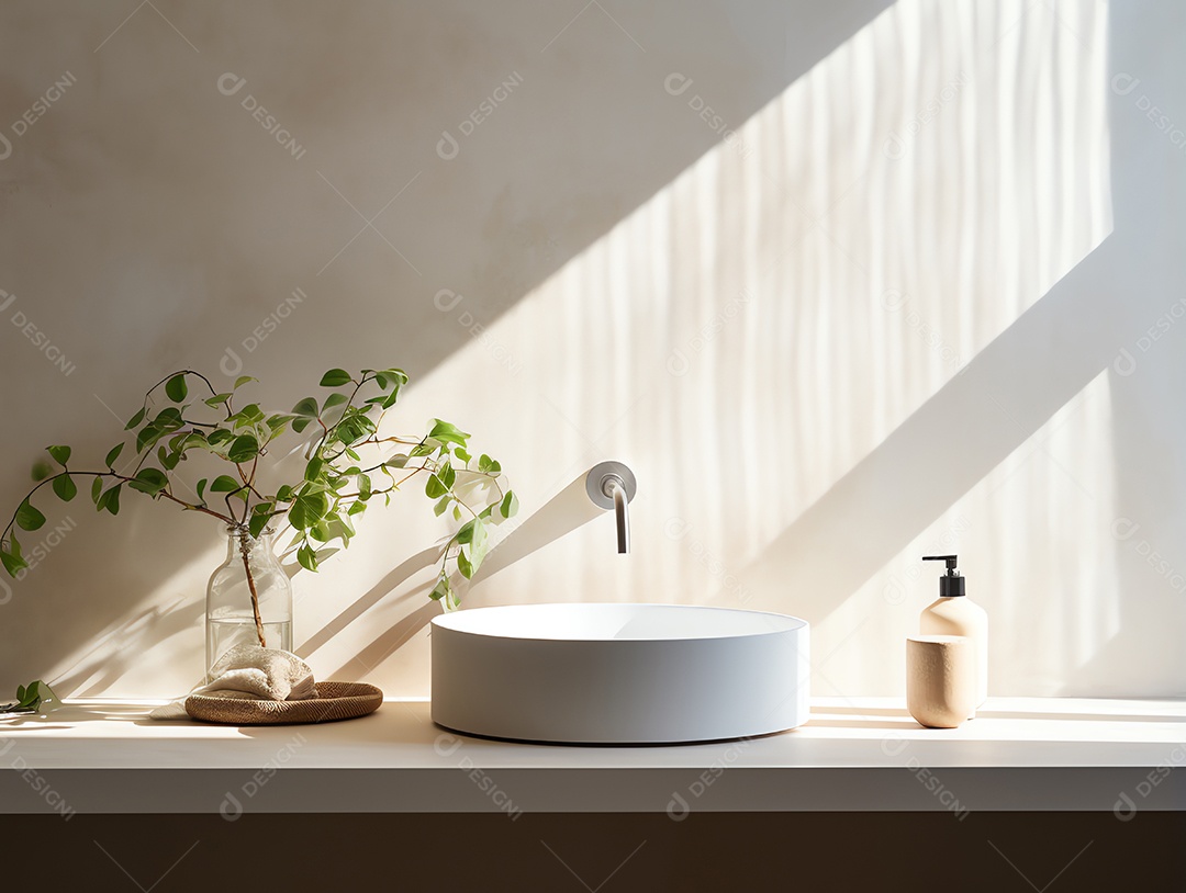 Lavatório branco moderno e torneira limpa com luz solar matinal no banheiro