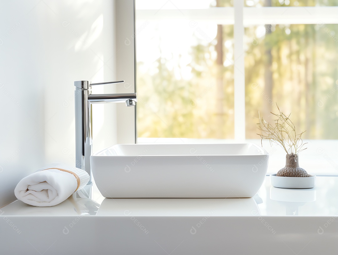 Lavatório branco moderno e torneira limpa com luz solar matinal no banheiro