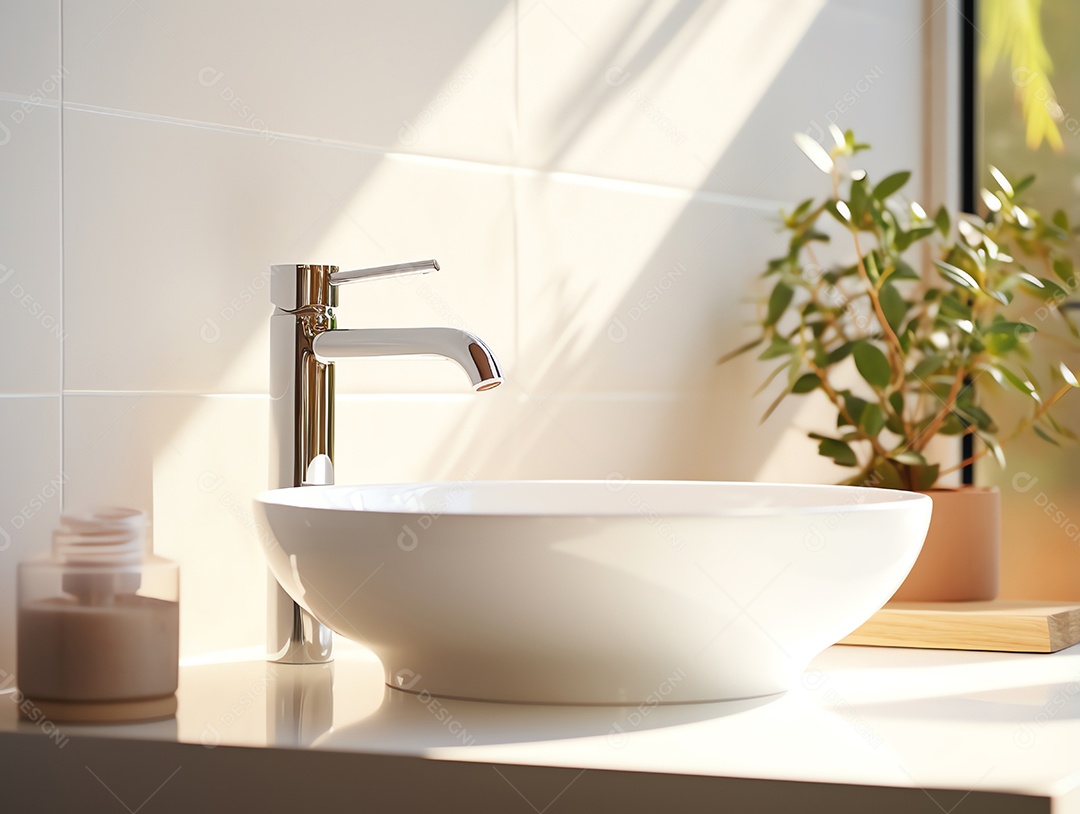 Lavatório branco moderno e torneira limpa com luz solar matinal no banheiro