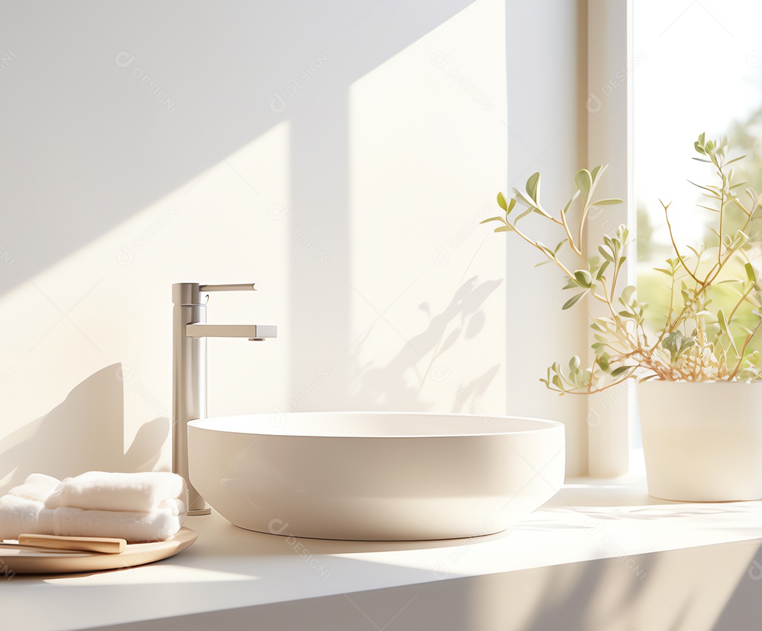 Lavatório branco moderno e torneira limpa com luz solar matinal no banheiro