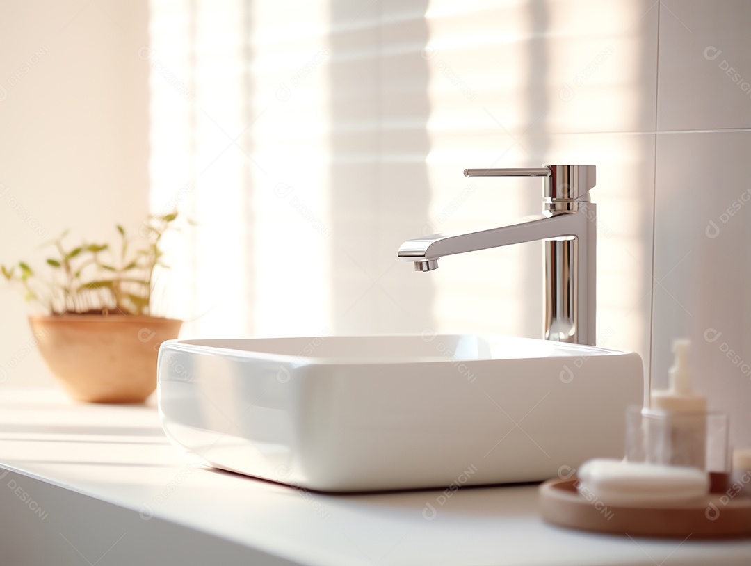 Lavatório branco moderno e torneira limpa com luz solar matinal no banheiro