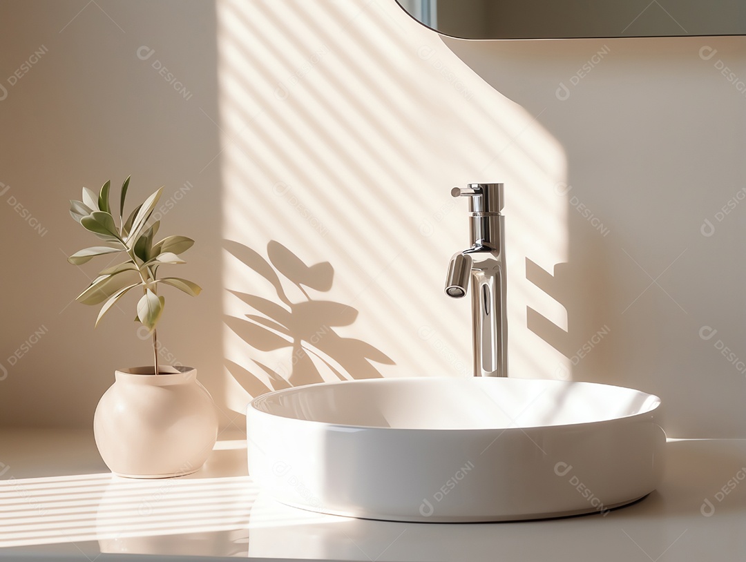 Lavatório branco moderno e torneira limpa com luz solar matinal no banheiro