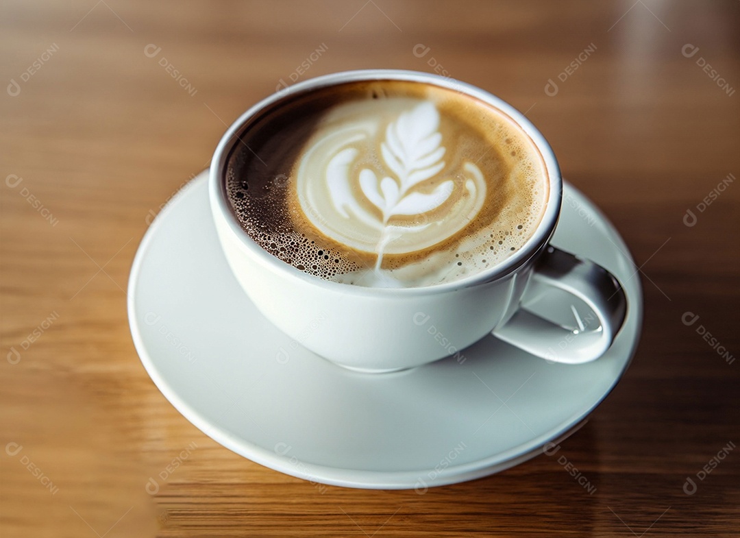 Xícara de café com leite na mesa de madeira