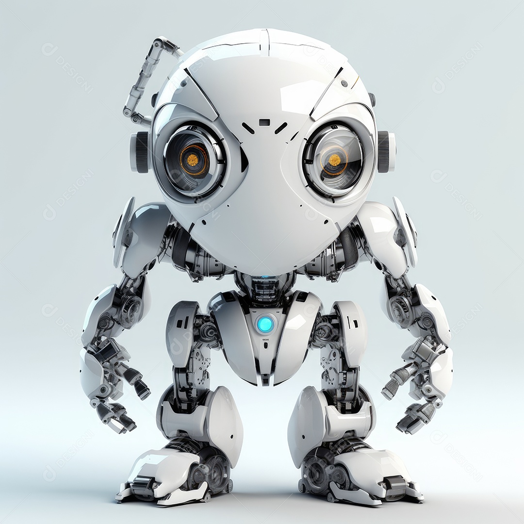 Robô fofo em pé sobre um fundo escuro.