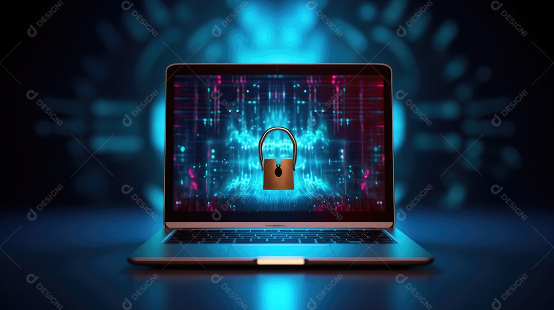 Conceito de segurança cibernética. Cadeado fechado na tela do laptop