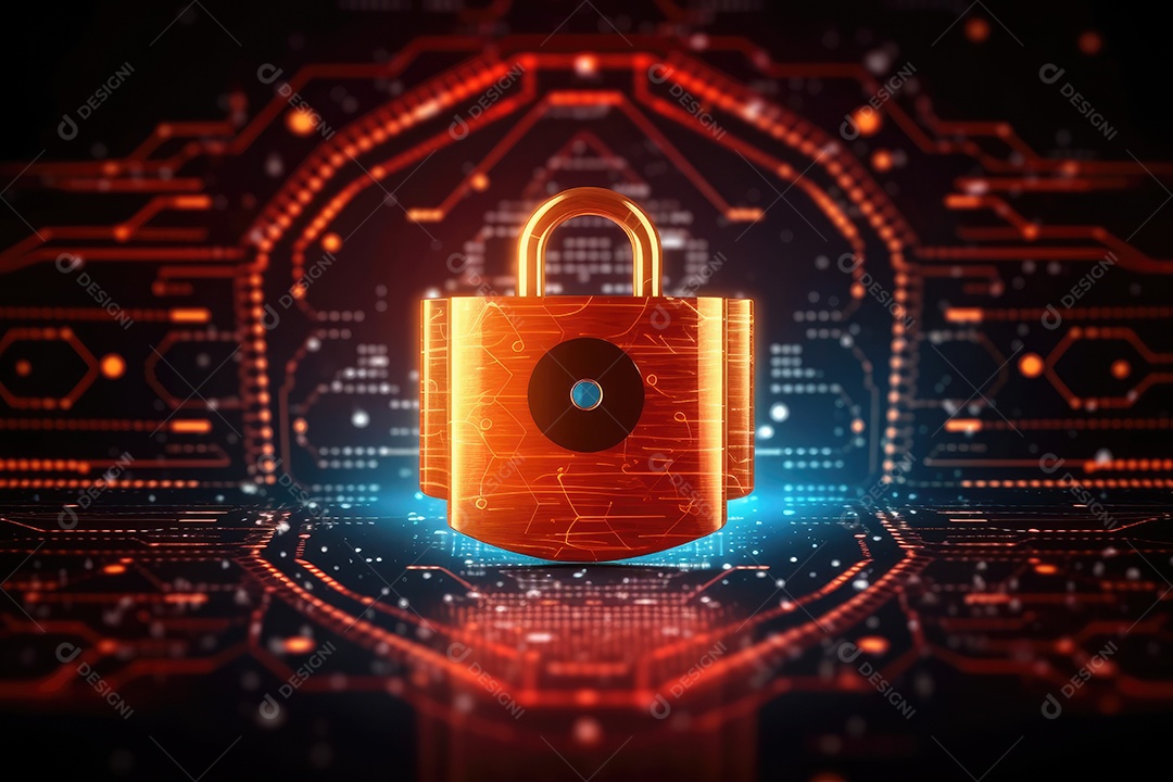 Conceito de segurança cibernética com cadeado no fundo do circuito
