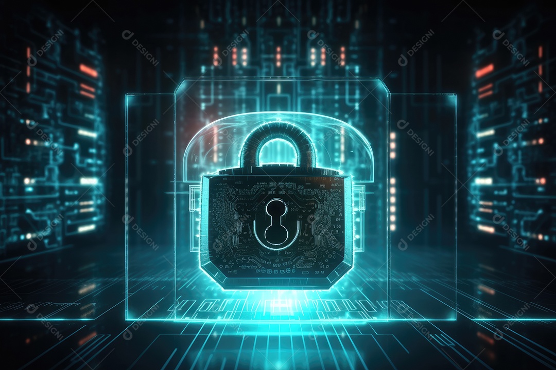 Conceito de segurança cibernética com cadeado no fundo do circuito