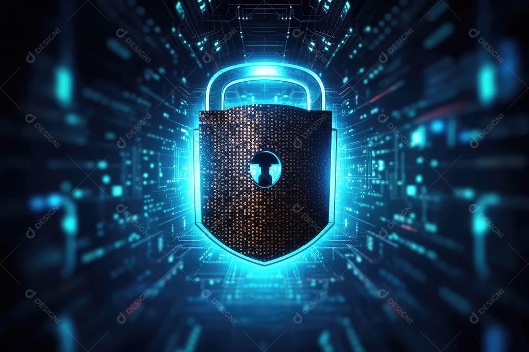 Conceito de segurança cibernética com cadeado no fundo do circuito