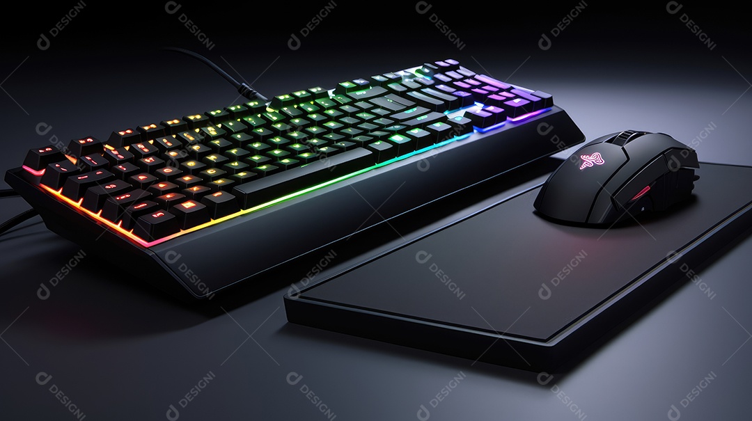 Teclado de computador com luzes led neon em um fundo escuro