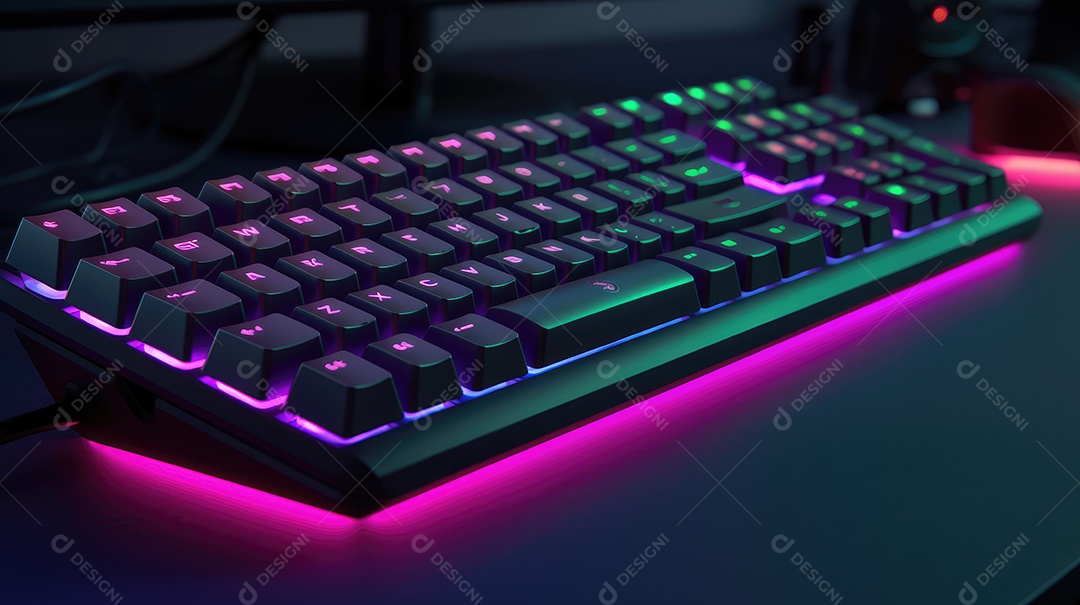 Teclado de computador com luzes led neon em um fundo escuro