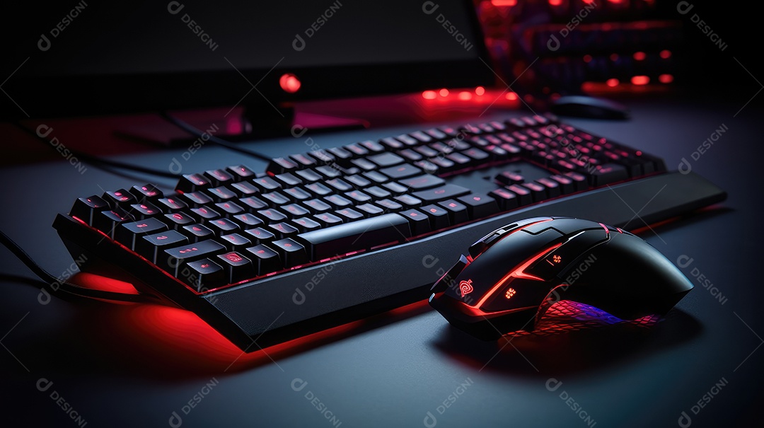 Teclado de computador com luzes led neon em um fundo escuro