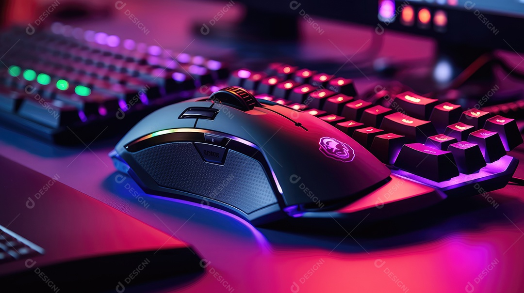 Teclado de computador com luzes led neon em um fundo escuro