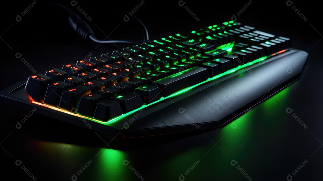 Teclado de computador com luzes led neon em um fundo escuro