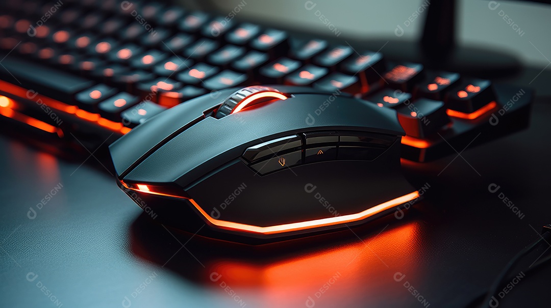 Teclado de computador com luzes led neon em um fundo escuro