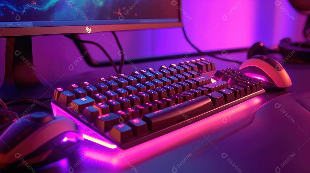 Teclado de computador com luzes led neon em um fundo escuro