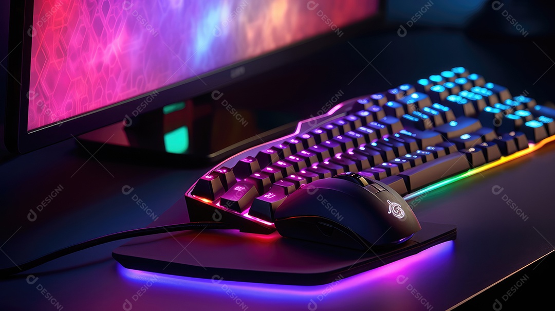 Teclado de computador com luzes led neon em um fundo escuro