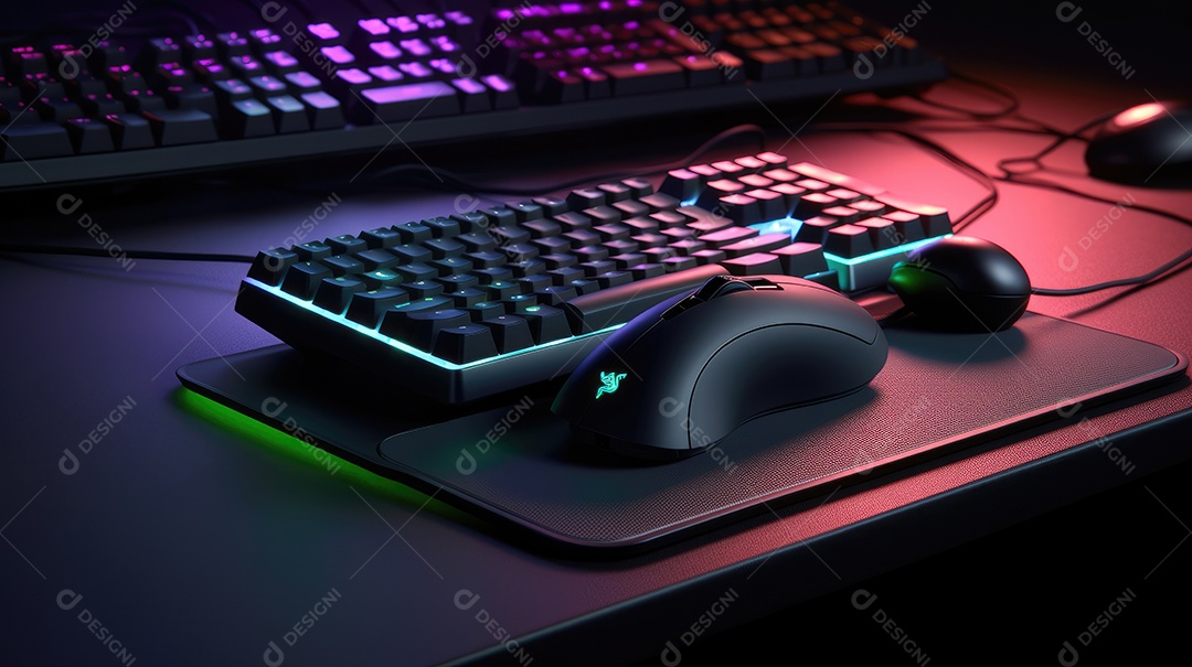 Teclado de computador com luzes led neon em um fundo escuro