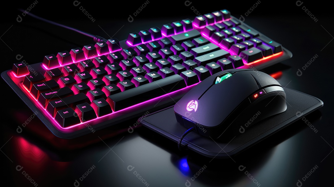 Teclado de computador com luzes led neon em um fundo escuro