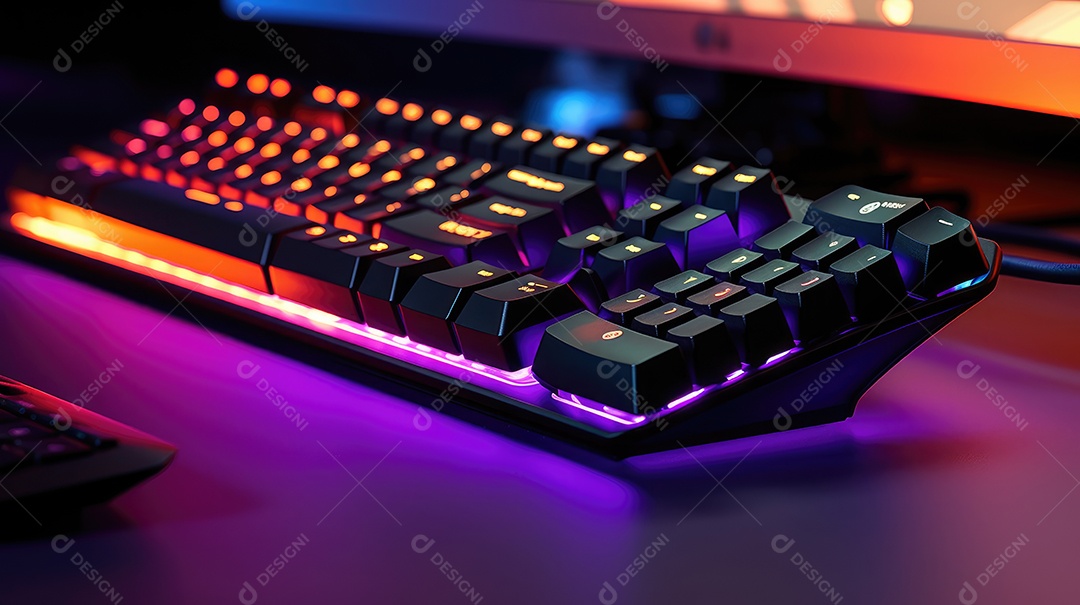 Teclado de computador com luzes led neon em um fundo escuro