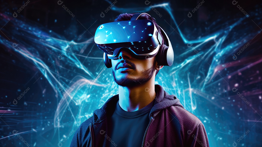 Imagem realsta de homem jovem usando óculos de realidade virtual