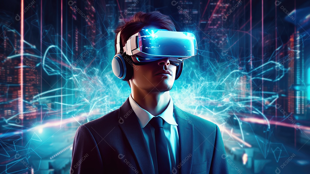 Imagem realsta de homem jovem usando óculos de realidade virtual